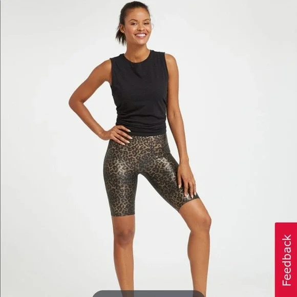 SPANX Faux Leather Leopard Animal Printed Biker Shorts High Waisted NWT M